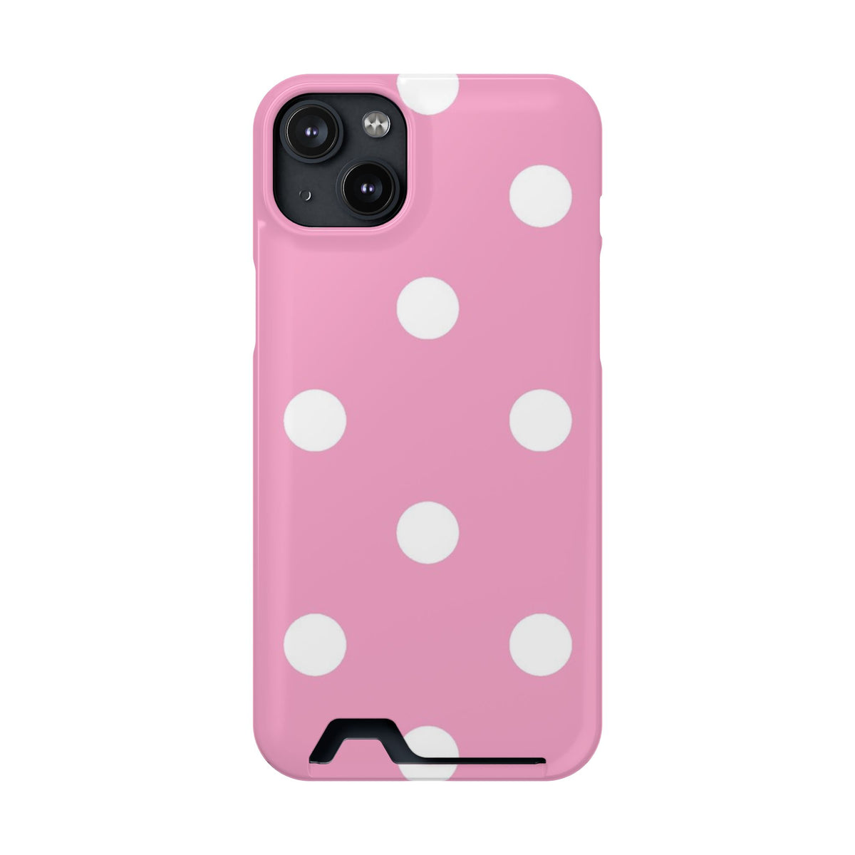 Big Pink Polka Dot phone case with card holder for iPhone 14 Plus, glossy finish