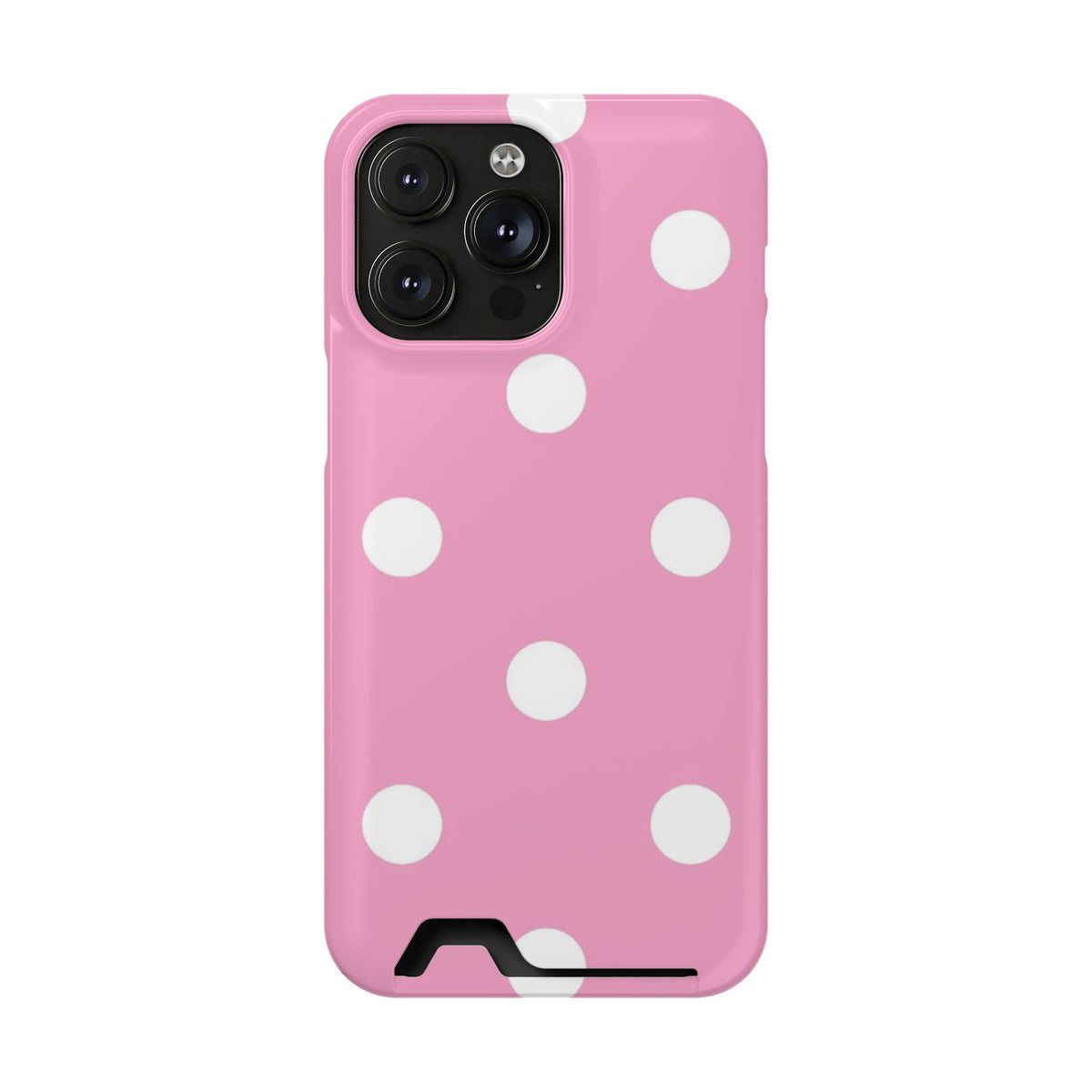 Big Pink Polka Dot phone case with card holder for iPhone 14 Pro Max, glossy finish