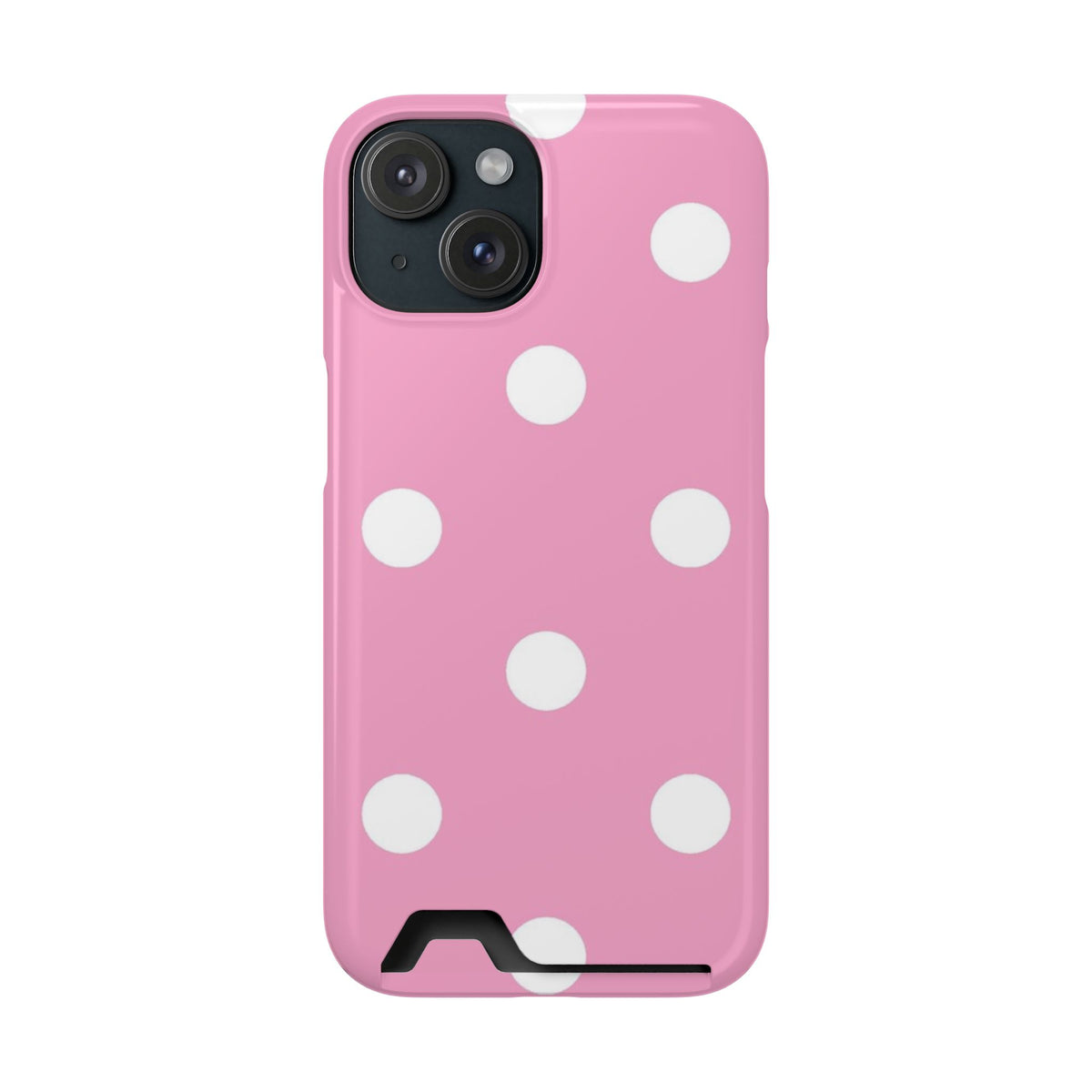 Big Pink Polka Dot phone case with card holder for iPhone 15, glossy finish