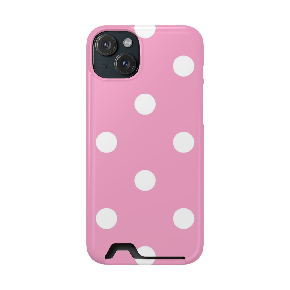 Big Pink Polka Dot phone case with card holder for iPhone 15 Plus, glossy finish