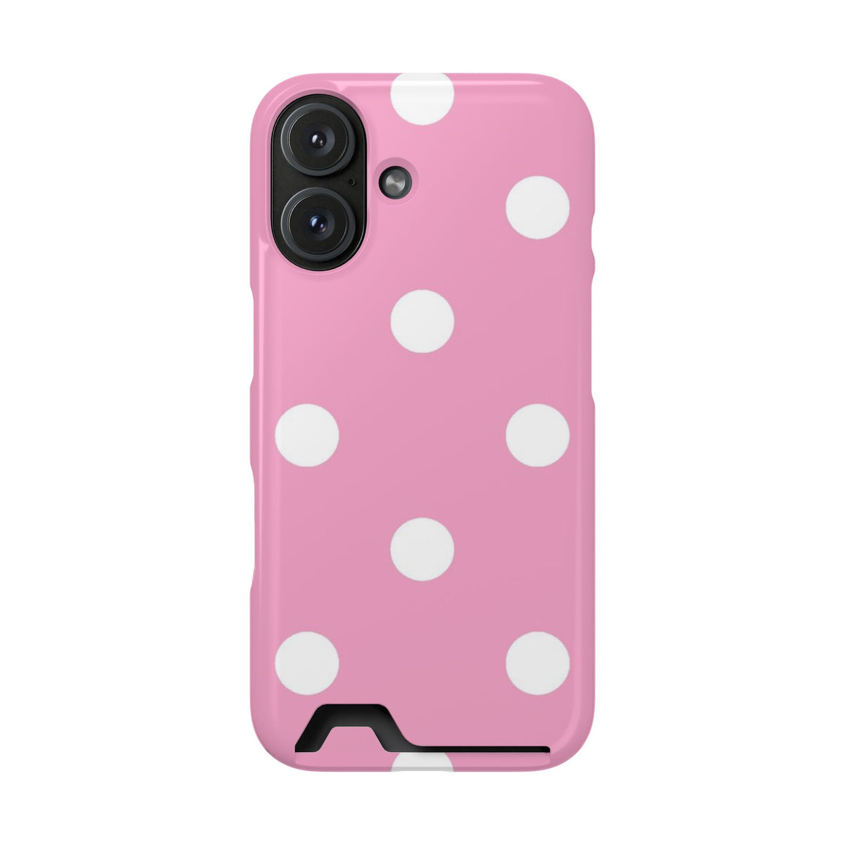 Big Pink Polka Dot phone case with card holder for iPhone 16, glossy finish