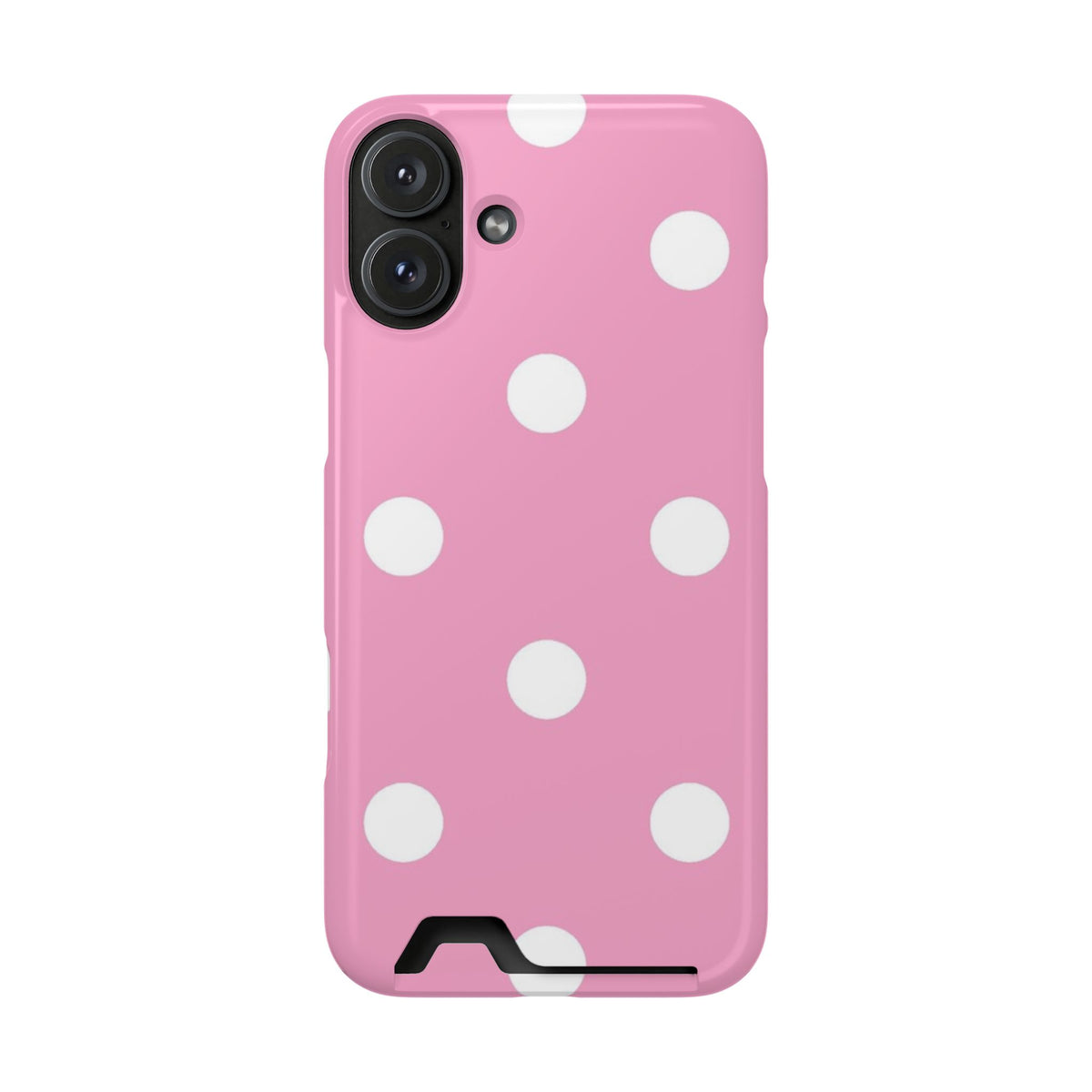 Big Pink Polka Dot phone case with card holder for iPhone 16 Plus, glossy finish