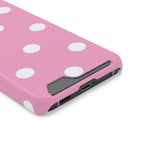 Big Pink Polka Dot phone case with card holder, close-up of the card slot