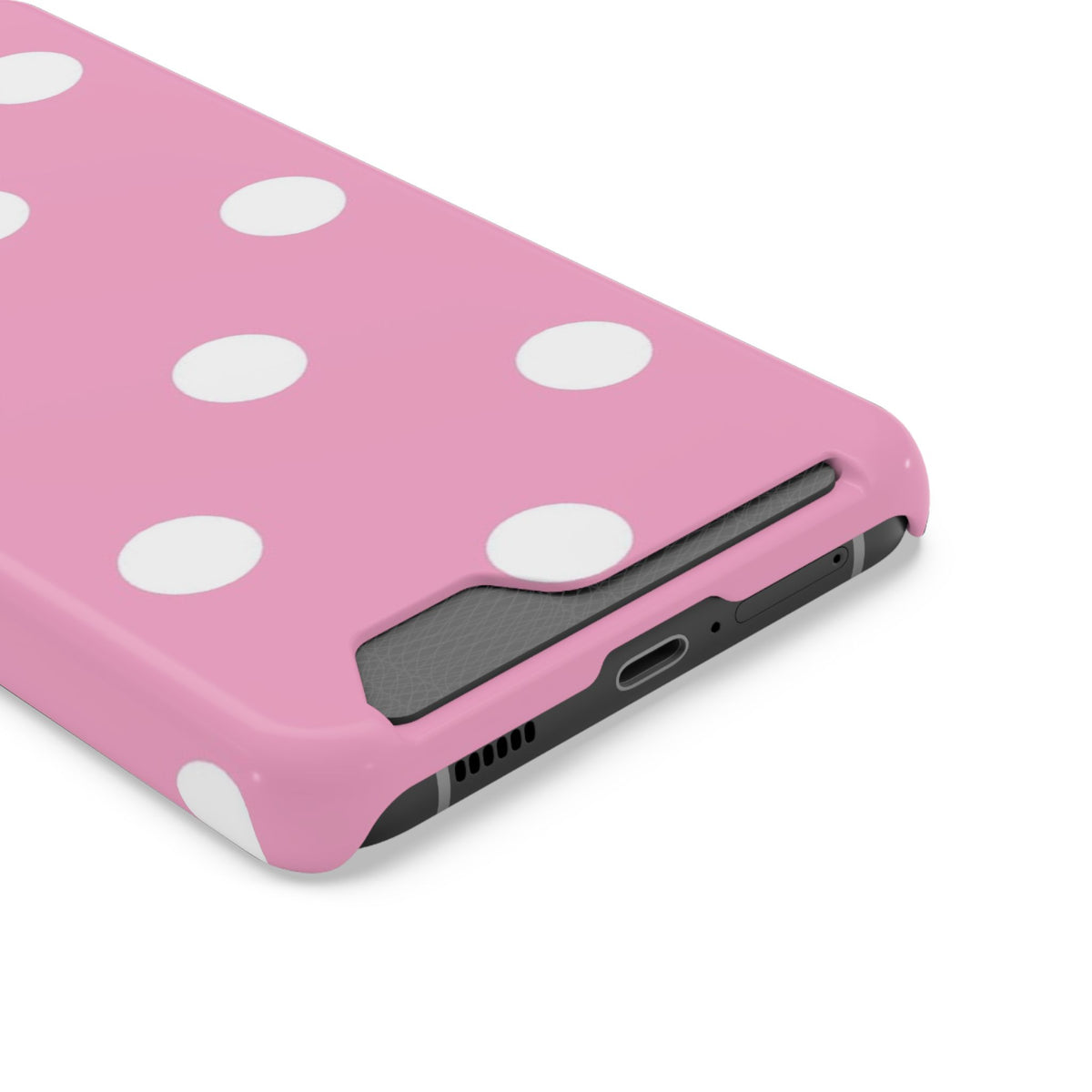 Big Pink Polka Dot phone case with card holder, close-up of the card slot