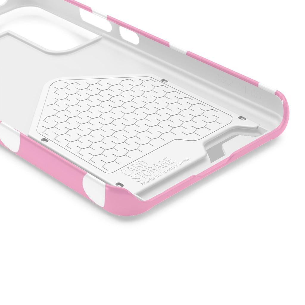 Big Pink Polka Dot phone case with card holder, close-up of the inside