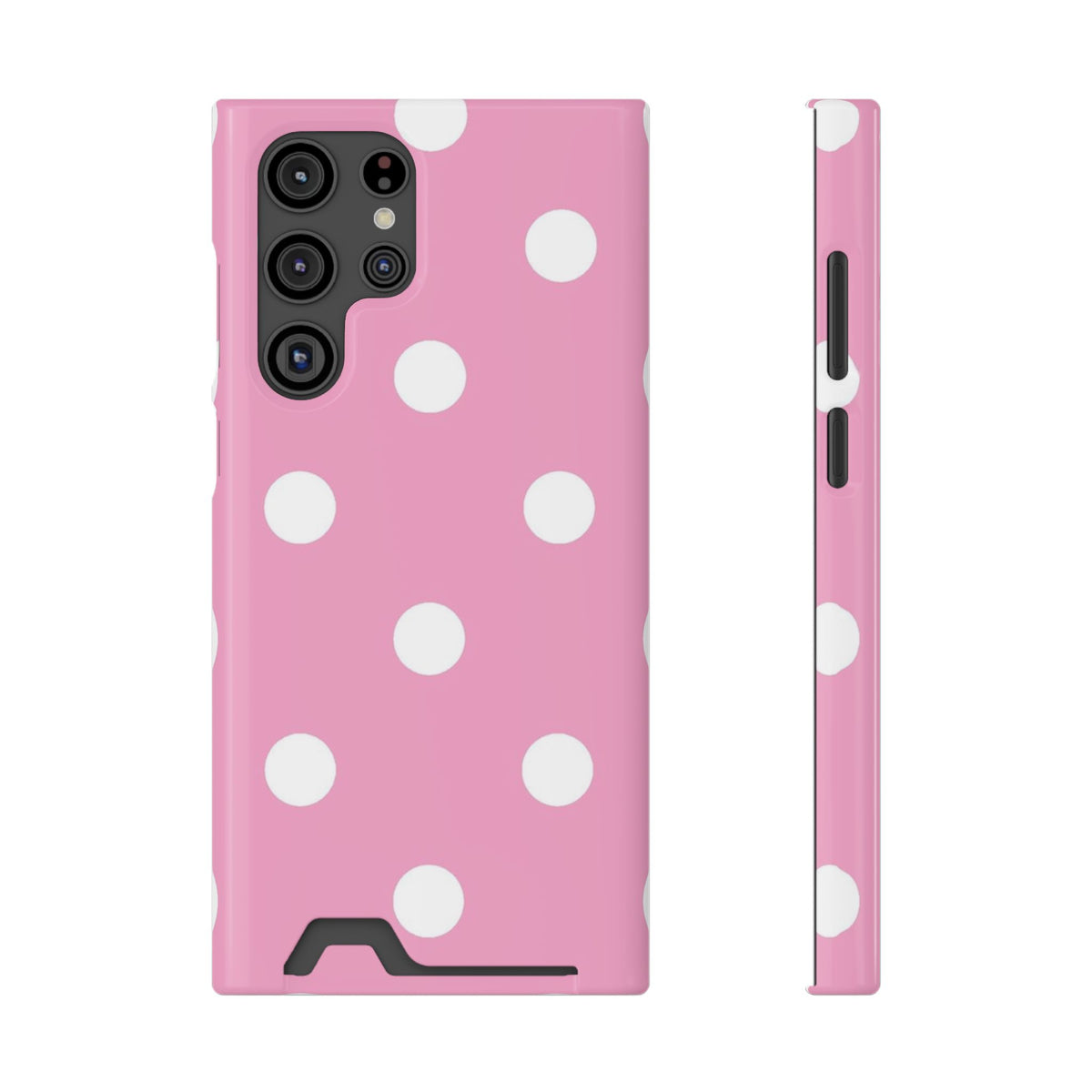 Big Pink Polka Dot phone case with card holder for Samsung Galaxy S22 Ultra, glossy finish