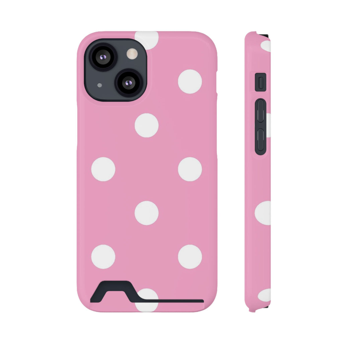 Big Pink Polka Dot phone case with card holder for iPhone 13 Mini, glossy finish