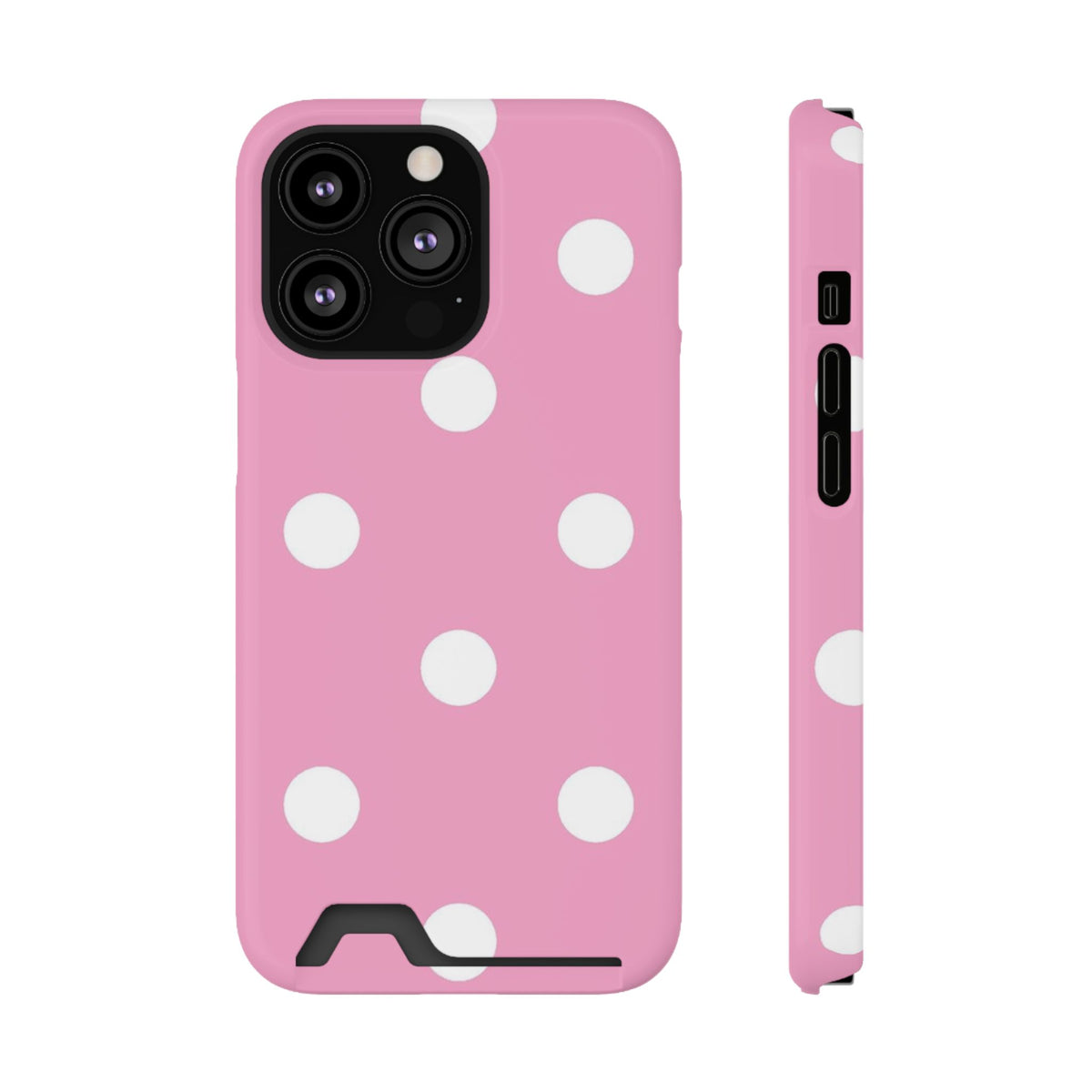Big Pink Polka Dot phone case with card holder for iPhone 13 Pro, glossy finish