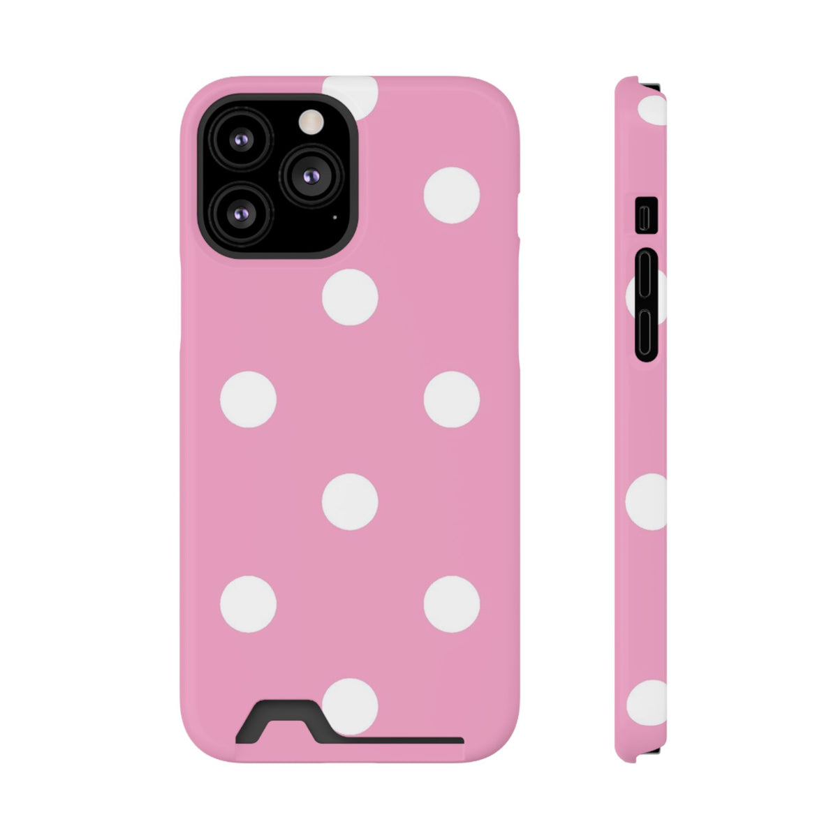 Big Pink Polka Dot phone case with card holder for iPhone 13 Pro Max, glossy finish
