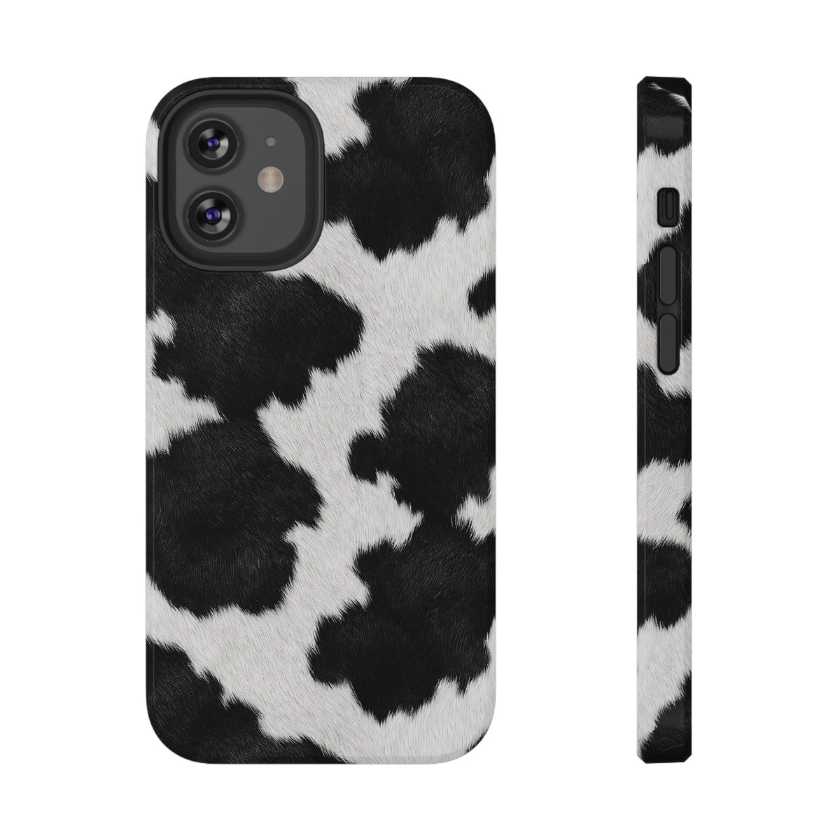 Black Cow Print protective phone case for iPhone 12 Mini, glossy finish