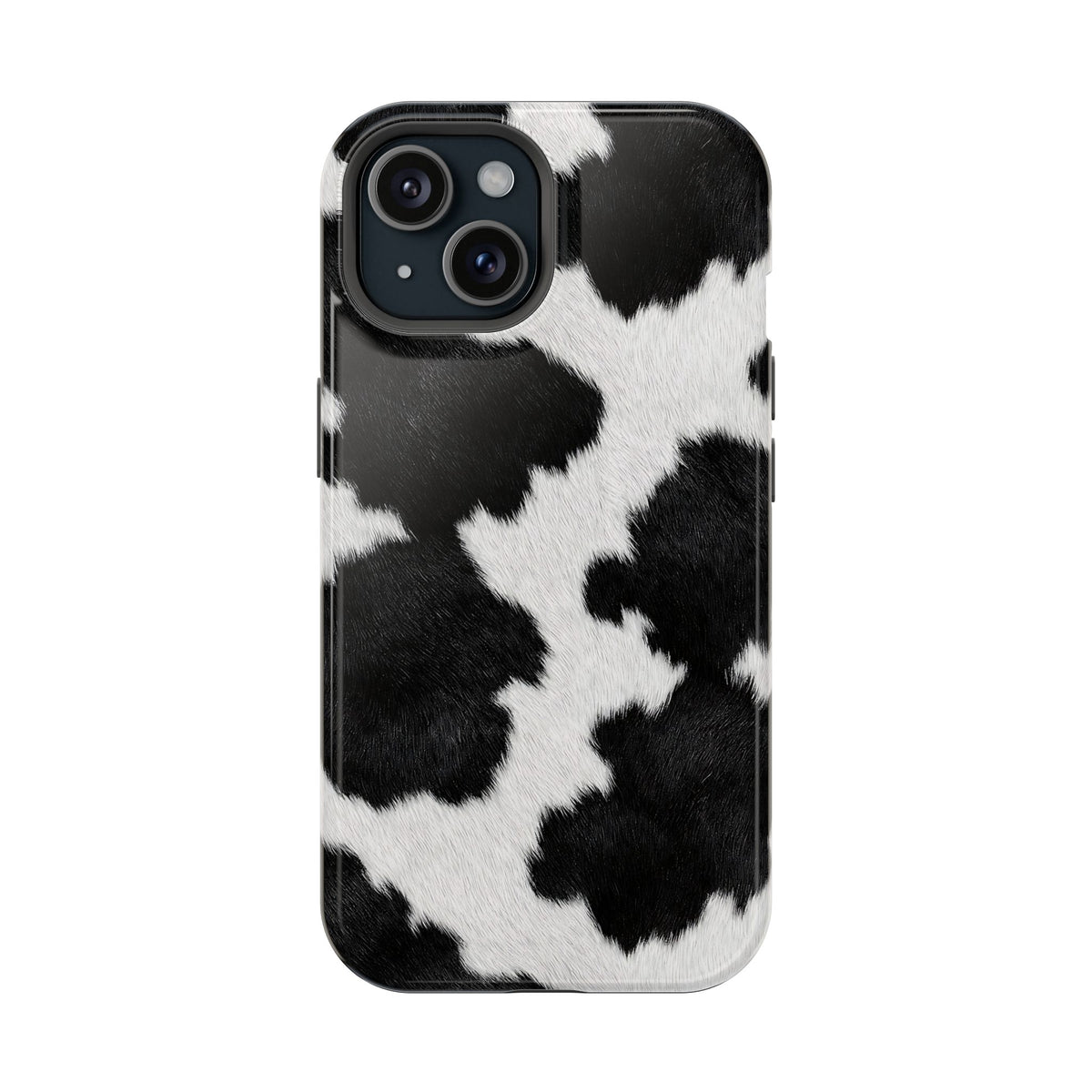 Black Cow Print protective phone case for iPhone 15, glossy finish