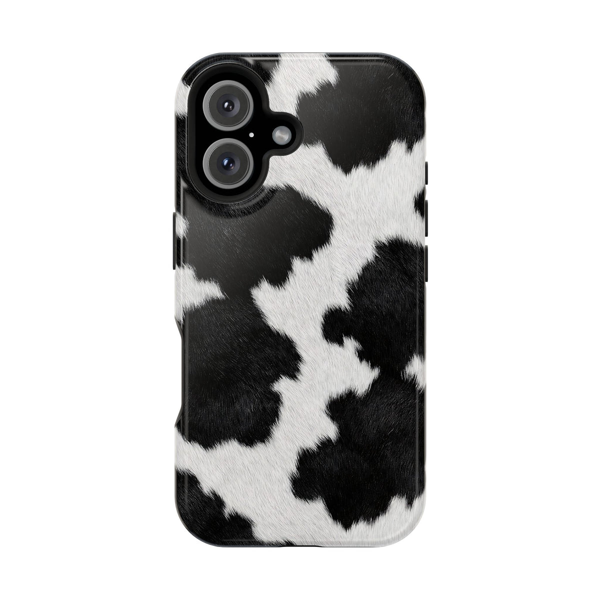 Black Cow Print protective phone case for iPhone 16, glossy finish