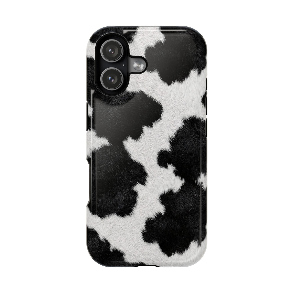 Black Cow Print protective phone case for iPhone 17, glossy finish