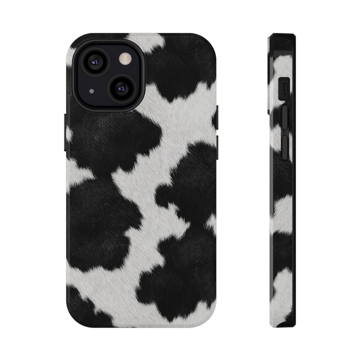 Black Cow Print protective phone case for iPhone 13 Mini, glossy finish