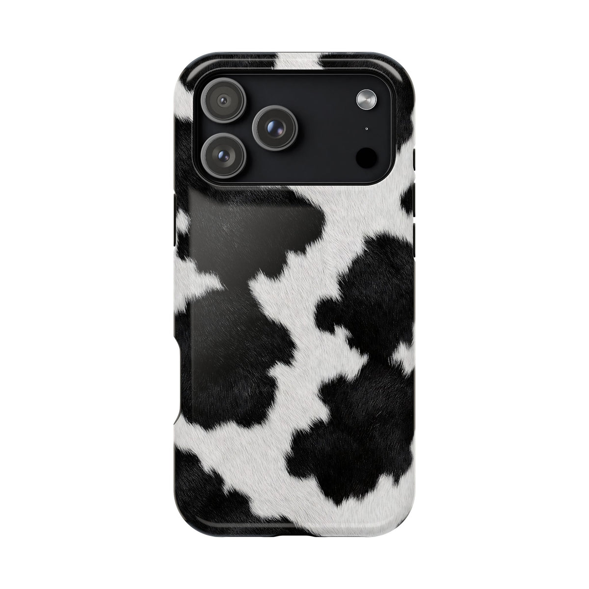 Black Cow Print protective phone case for iPhone 17 Pro Max, glossy finish