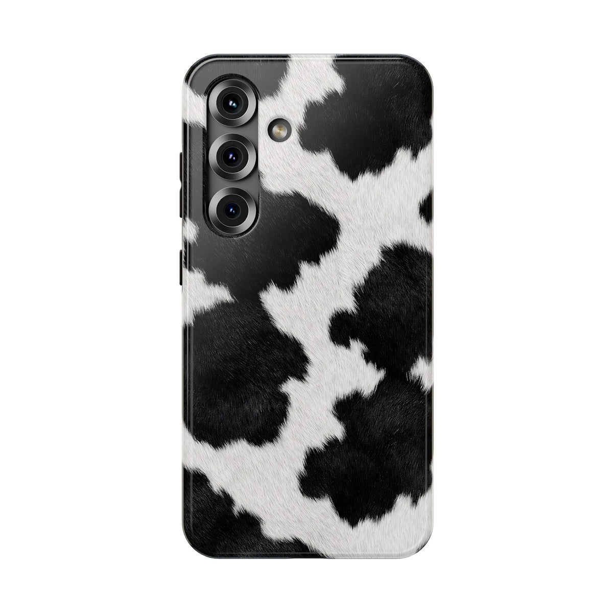 Black Cow Print protective phone case for Samsung Galaxy S25, glossy finish