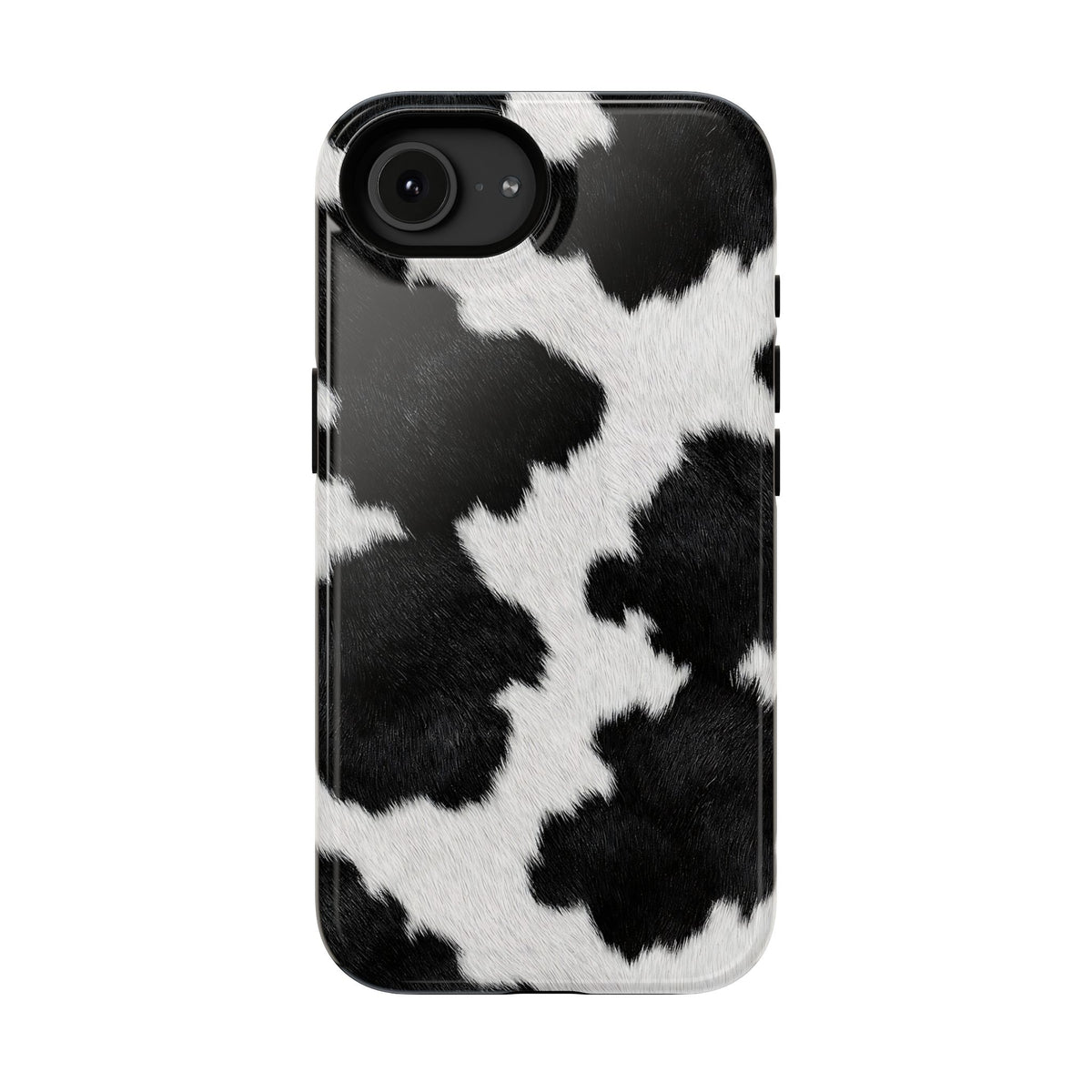 Black Cow Print protective phone case for iPhone 16e, glossy finish