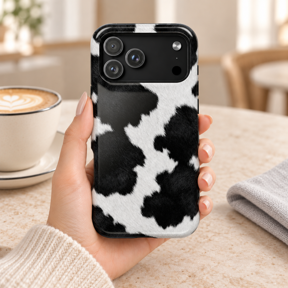 Black Cow Print protective phone case, black and white cow spots, lifestyle photo in hand with coffee