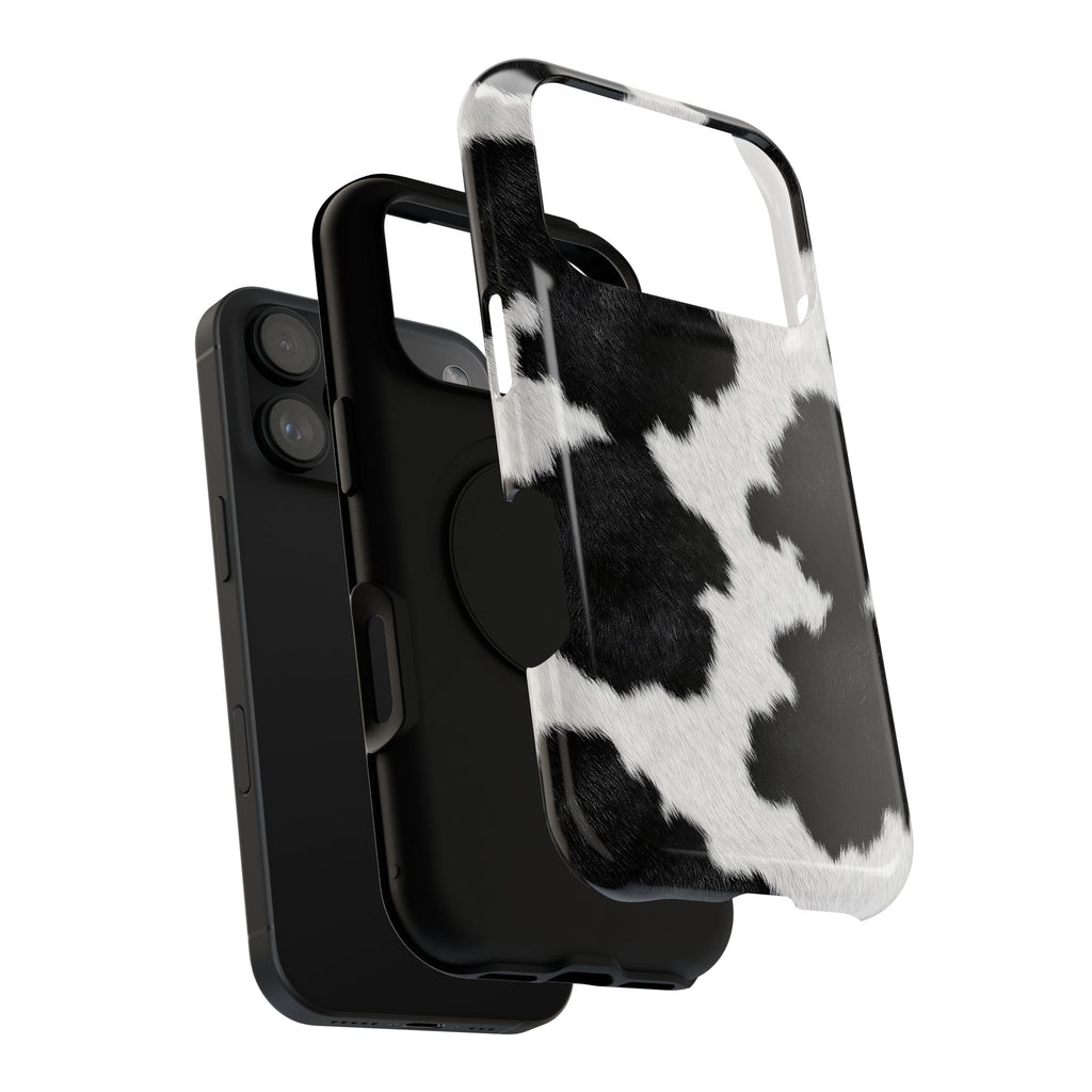 Black Cow Print protective phone case, close-up of the dual-layer construction
