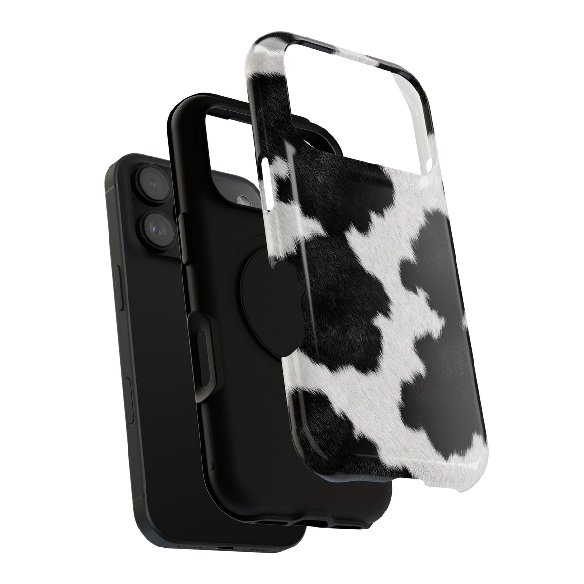 Black Cow Print protective phone case, close-up of the dual-layer construction
