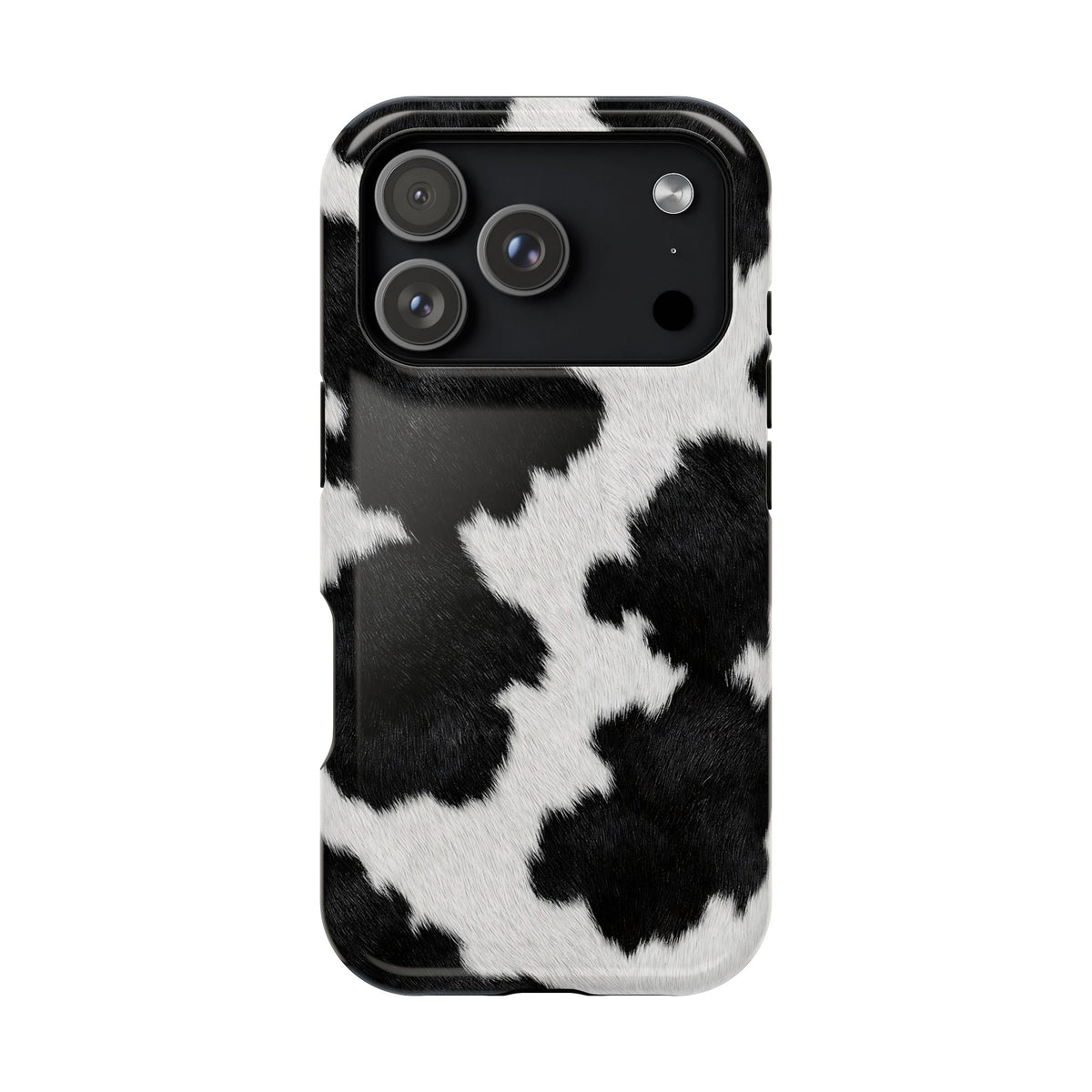 Black Cow Print MagSafe case for iPhone 18 Pro, glossy finish