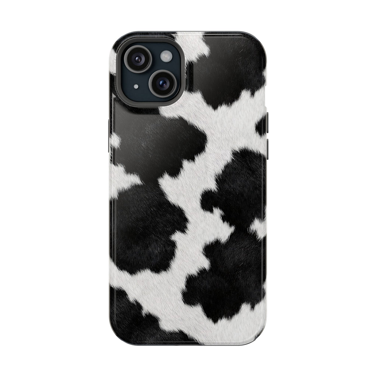 Black Cow Print MagSafe case for iPhone 15 Plus, glossy finish
