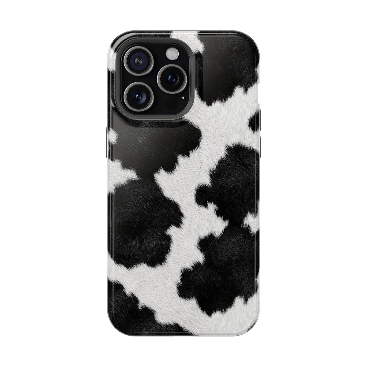 Black Cow Print MagSafe case for iPhone 15 Pro Max, glossy finish