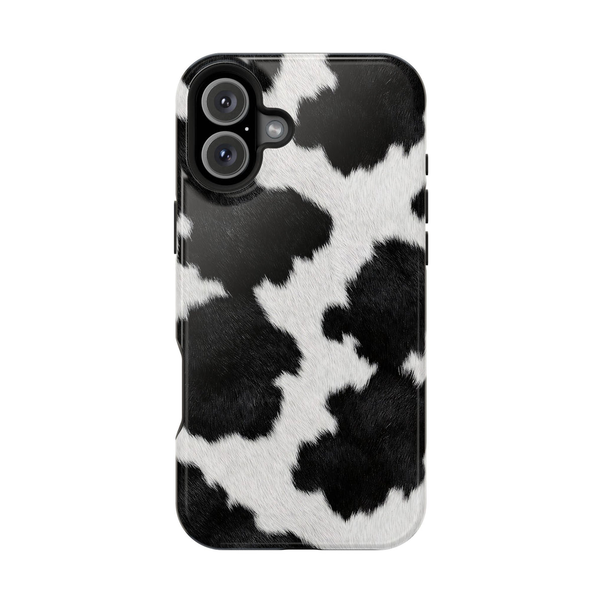 Black Cow Print MagSafe case for iPhone 16 Plus, glossy finish