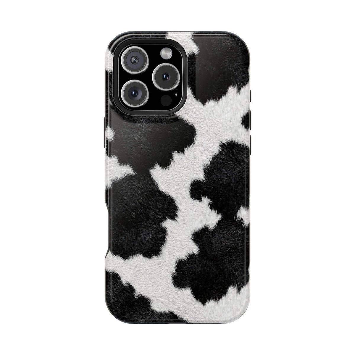 Black Cow Print MagSafe case for iPhone 16 Pro Max, glossy finish