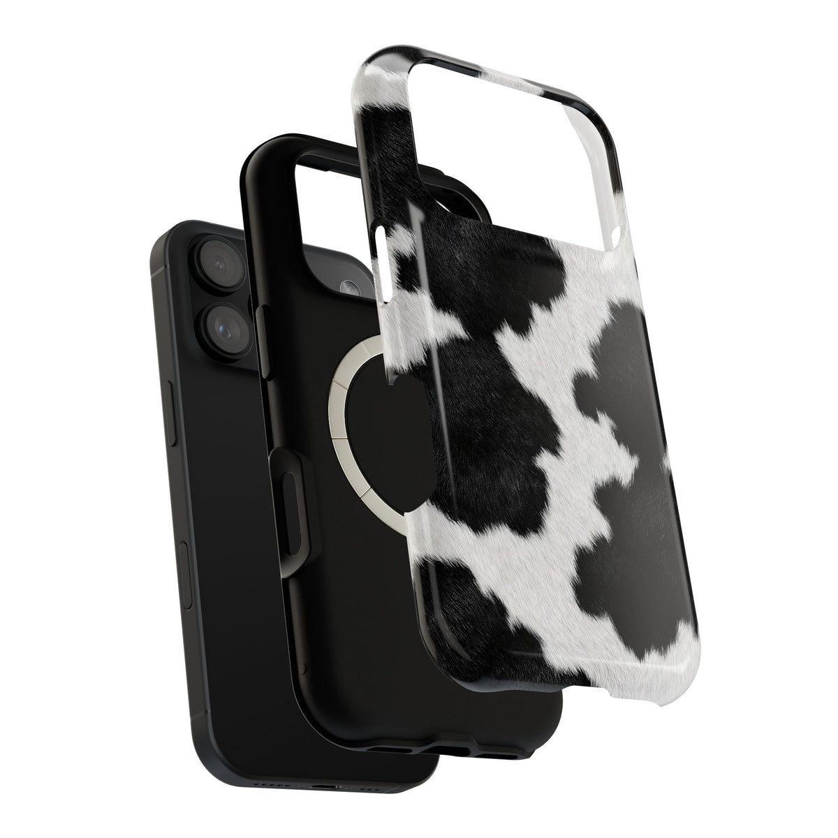 Black Cow Print MagSafe case, close-up of the dual-layer construction
