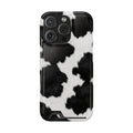 Black Cow Print phone case with card holder for iPhone 16 Pro, glossy finish
