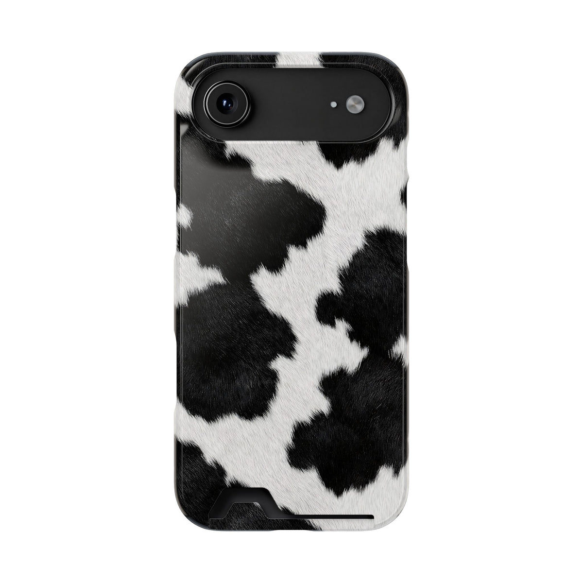 Black Cow Print phone case with card holder for iPhone 17 Air, glossy finish