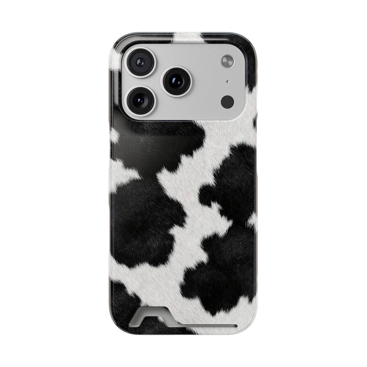 Black Cow Print phone case with card holder for iPhone 17 Pro, glossy finish