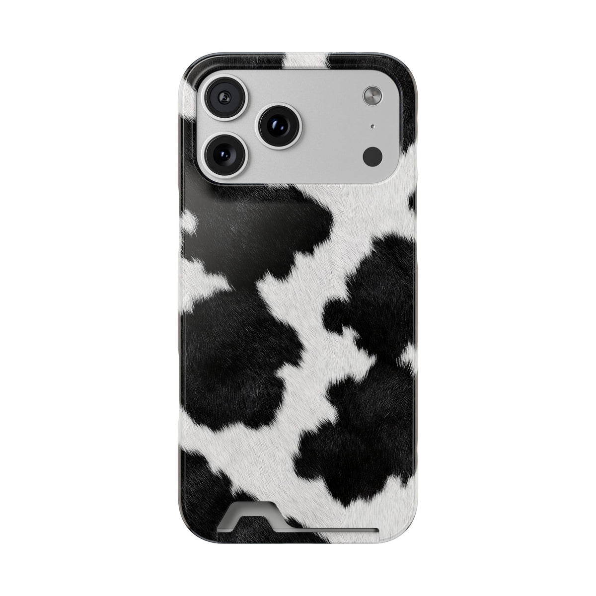 Black Cow Print phone case with card holder for iPhone 17 Pro Max, glossy finish