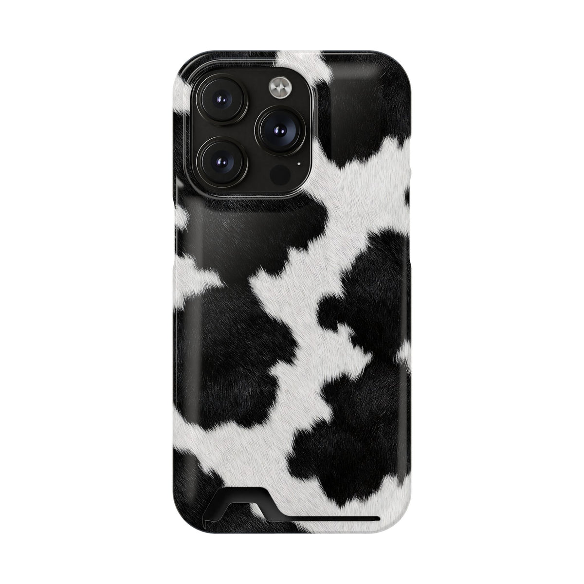 Black Cow Print phone case with card holder for iPhone 14 Pro, glossy finish