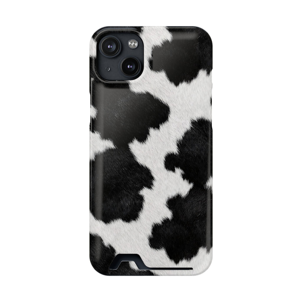 Black Cow Print phone case with card holder for iPhone 14 Plus, glossy finish