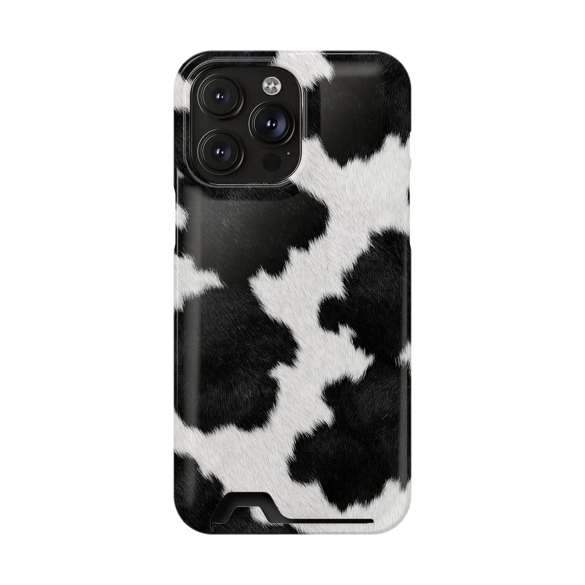 Black Cow Print phone case with card holder for iPhone 14 Pro Max, glossy finish