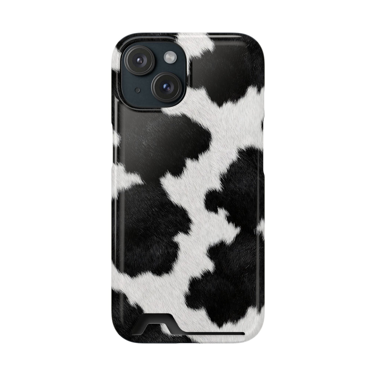 Black Cow Print phone case with card holder for iPhone 15, glossy finish