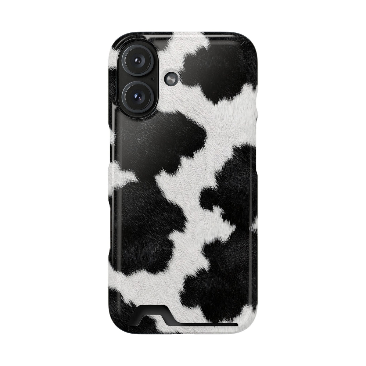 Black Cow Print phone case with card holder for iPhone 16, glossy finish