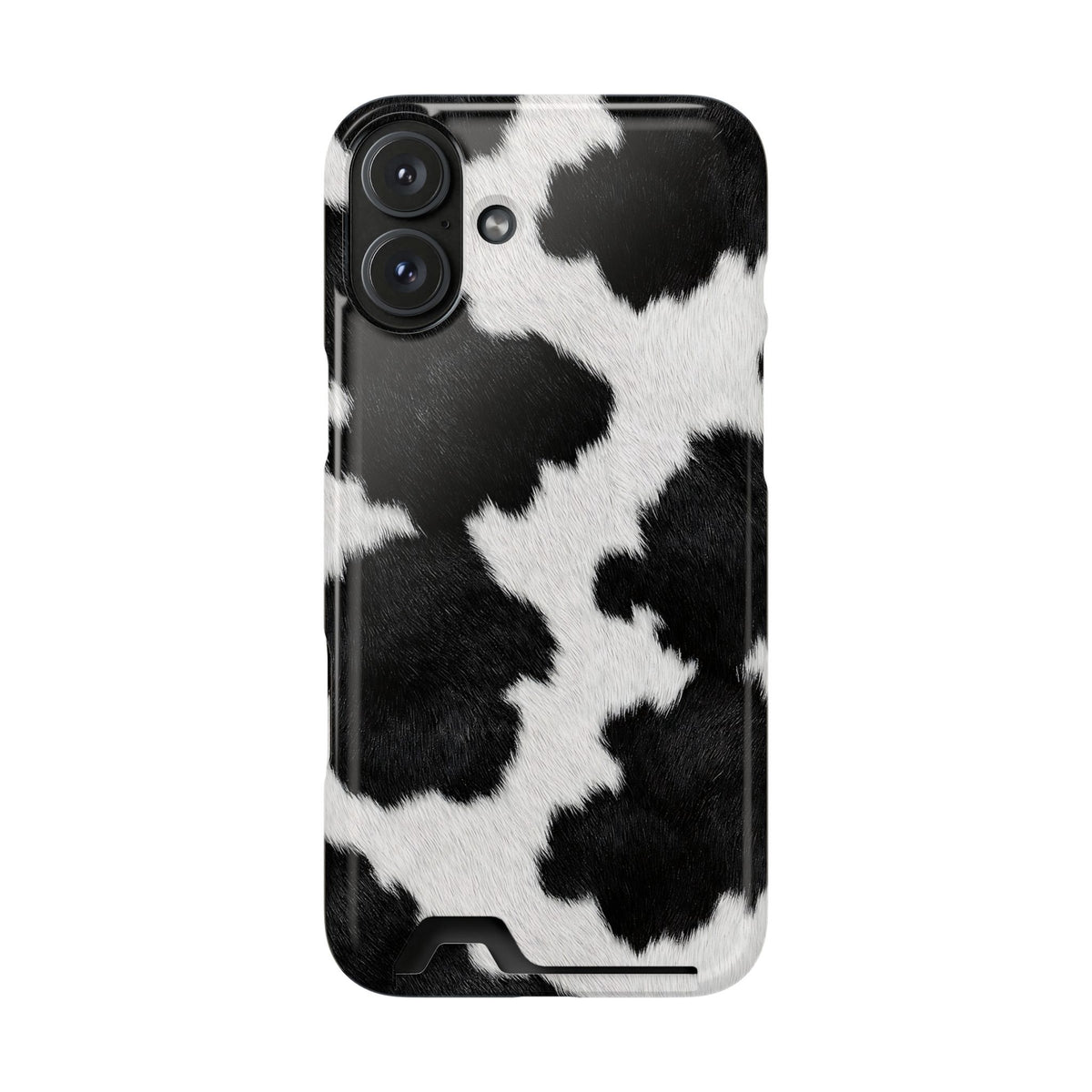 Black Cow Print phone case with card holder for iPhone 16 Plus, glossy finish