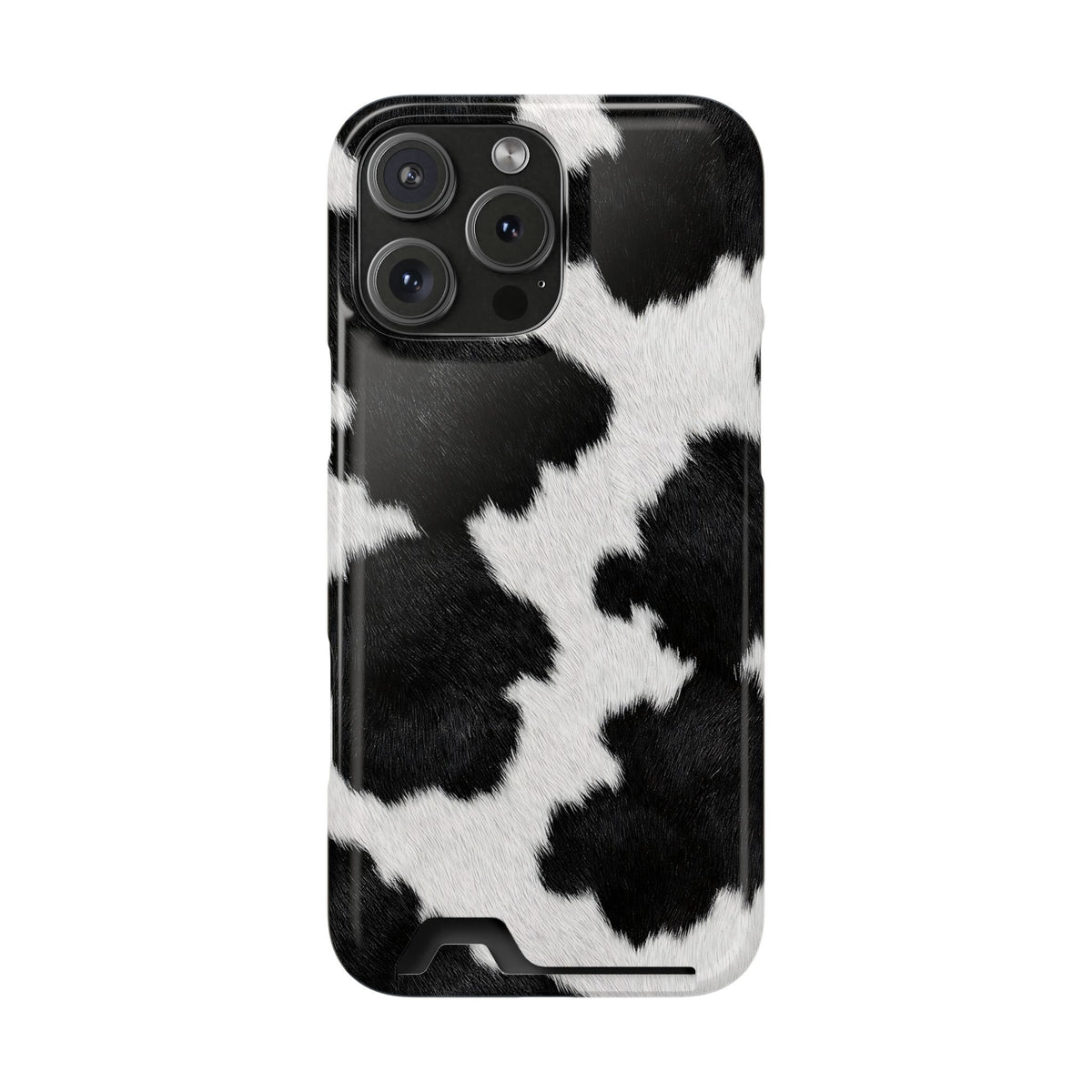 Black Cow Print phone case with card holder for iPhone 16 Pro Max, glossy finish