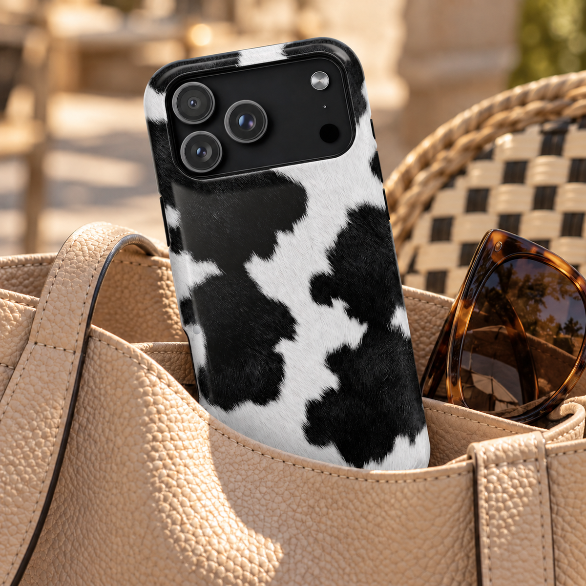 Black Cow Print phone case with card holder, black and white cow spots, lifestyle photo in a handbag
