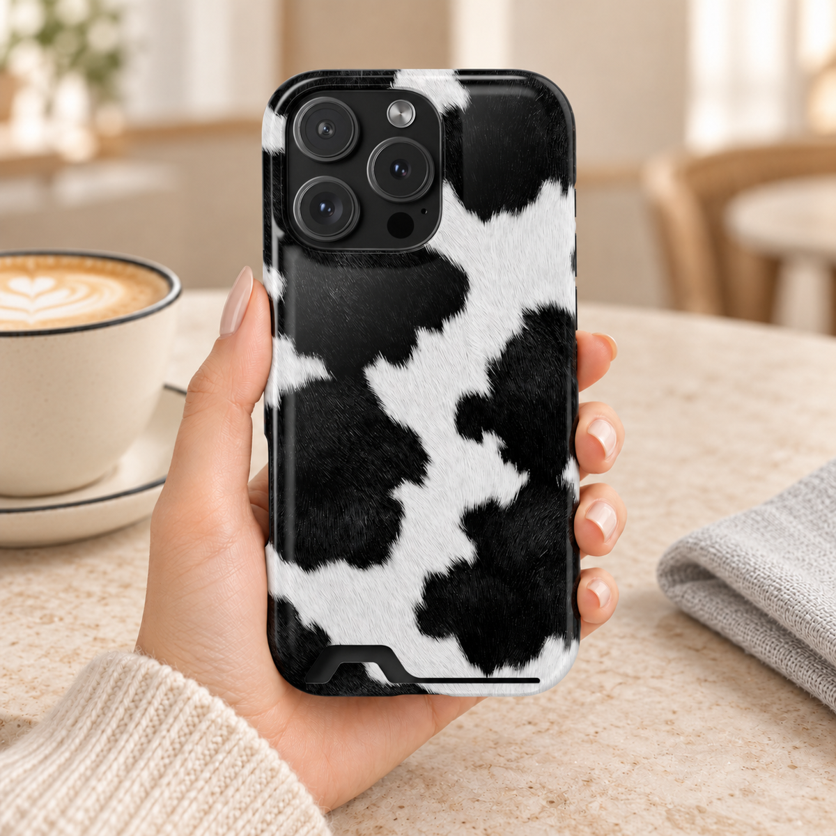 Black Cow Print phone case with card holder, black and white cow spots, lifestyle photo in hand with coffee