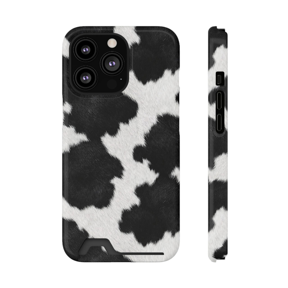 Black Cow Print phone case with card holder for iPhone 13 Pro, glossy finish