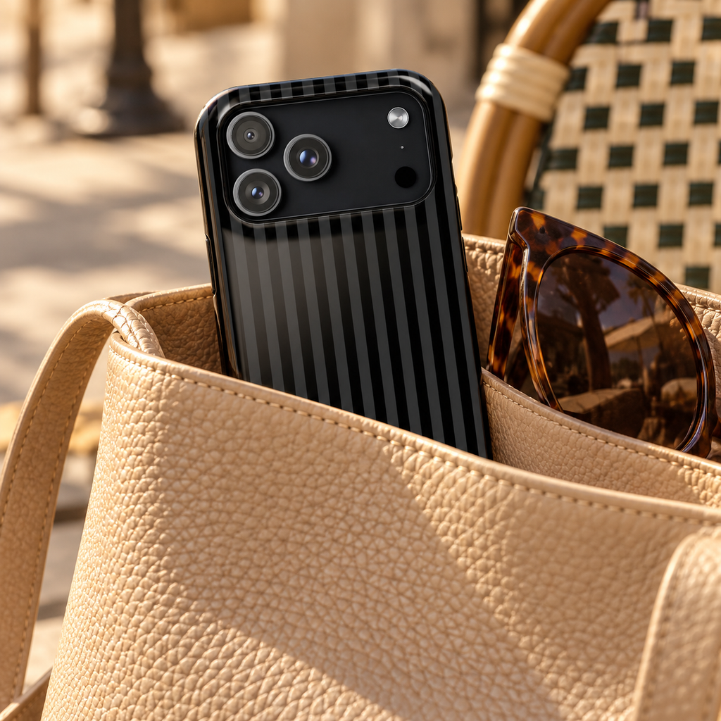 Black Pinstripe protective phone case, tone-on-tone black pinstripes, lifestyle photo in a handbag