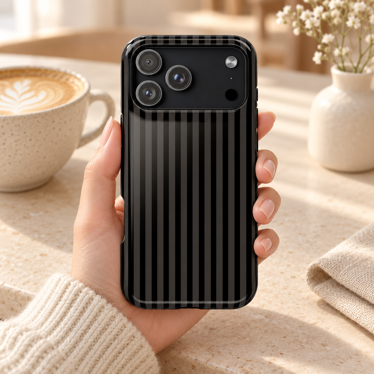 Black Pinstripe protective phone case, tone-on-tone black pinstripes, lifestyle photo in hand with coffee