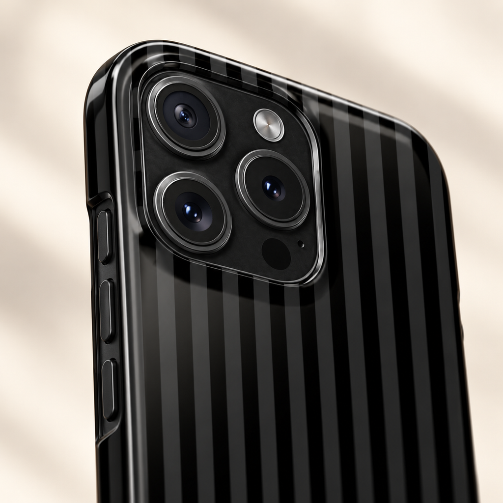Black Pinstripe protective phone case, tone-on-tone black pinstripes, lifestyle close-up of the camera