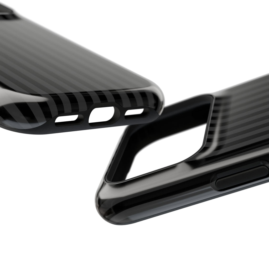 Black Pinstripe protective phone case, close-up at an angle