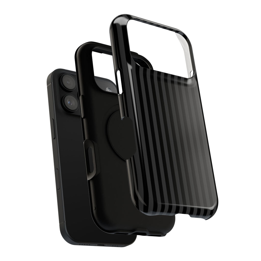 Black Pinstripe protective phone case, close-up of the dual-layer construction