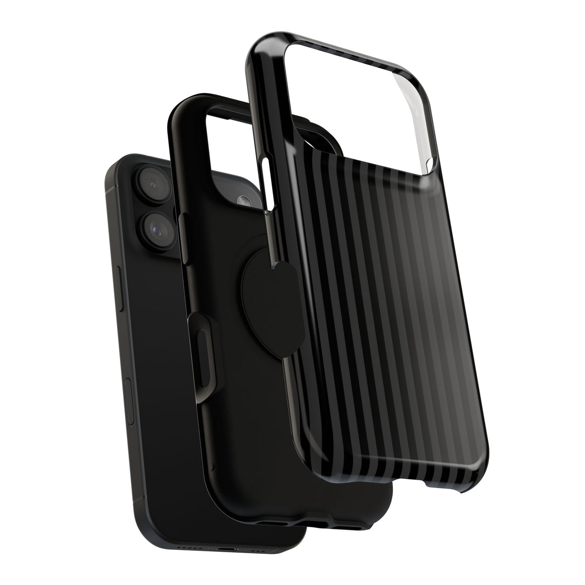 Black Pinstripe protective phone case, close-up of the dual-layer construction